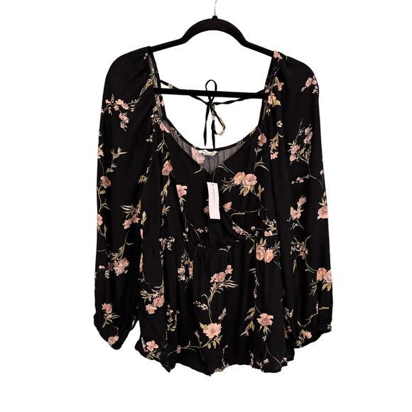 American Eagle Blouse Large Floral Open Back Long Puff Balloon Sleeve Black NWT - Picture 1 of 8